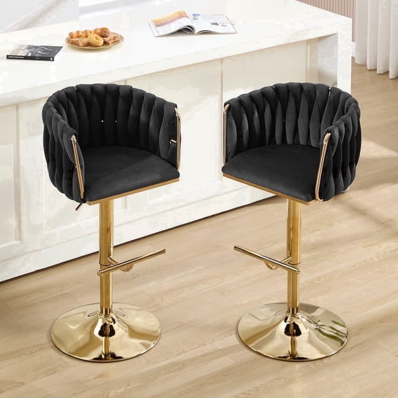 Modern Velvet Bar Stools Set of 2, 360° Swivel Height Adjustable Bar Chairs with Backrest, Upholstered Counter Height Stools for Kitchen Island, Bar, Cafe, Vanity (Black)