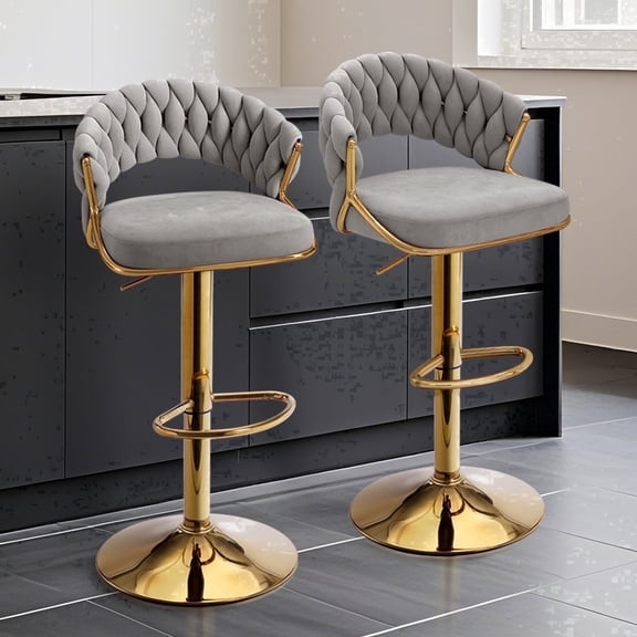 Lessmore Modern Velvet Swivel Bar Stool Set of 2 - Adjustable Height with Backrest, Gray, Gold Base