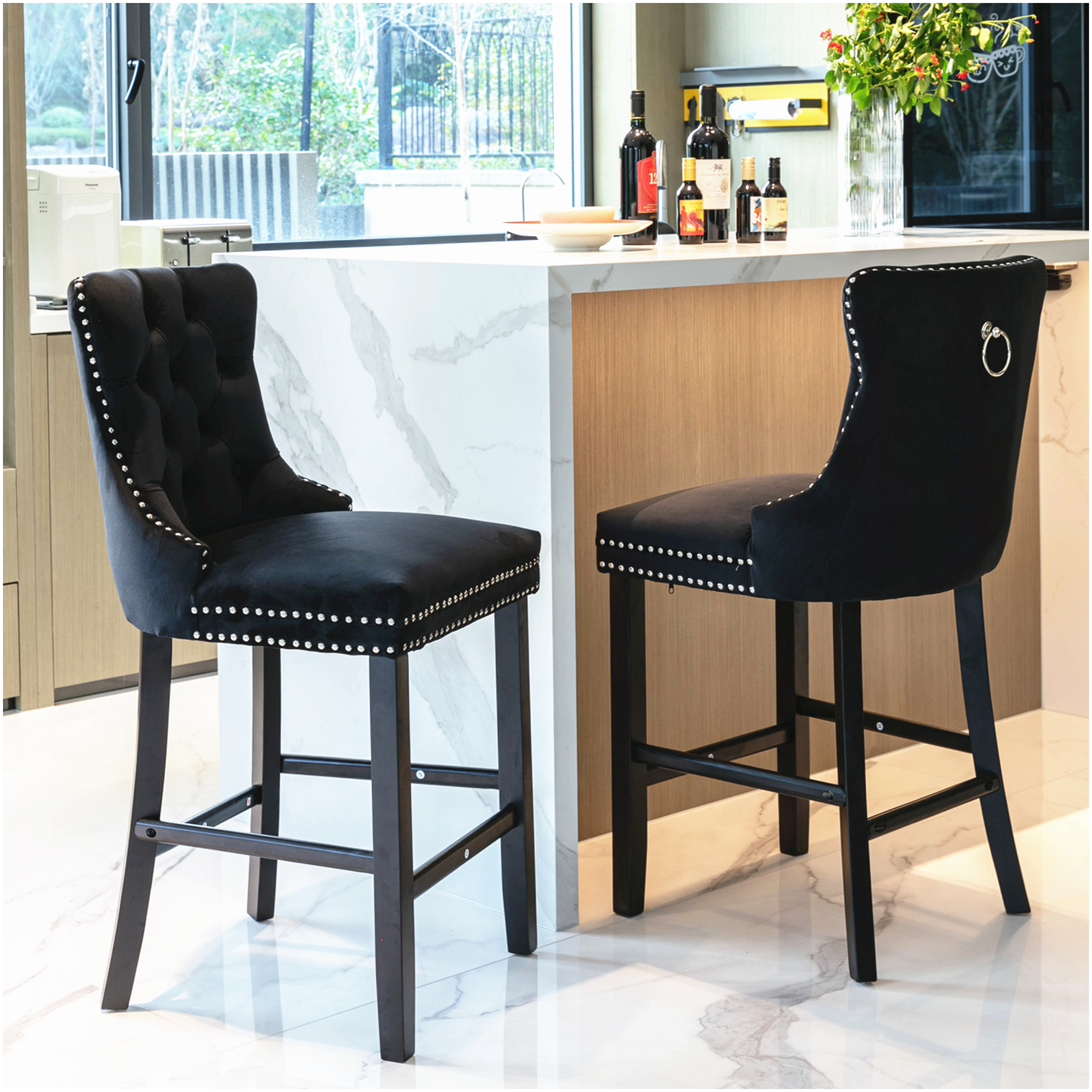 Modern Velvet Bar Stools Set of 2 with Button Tufted Back and Chrome ...