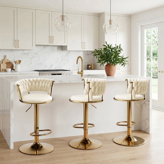 Modern Velvet Bar Stools Set of 3, Adjustable Height Swivel Barstools, Bar Chairs with Back and Footrest for Kitchen Island & Dining Room, Beige
