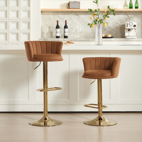 Modern Velvet Bar Stools Set of 2,Adjustable Counter Height Barstools with with Back & Footrest,Kitchen Island Stools for Home Bar/Dining Room,Orange