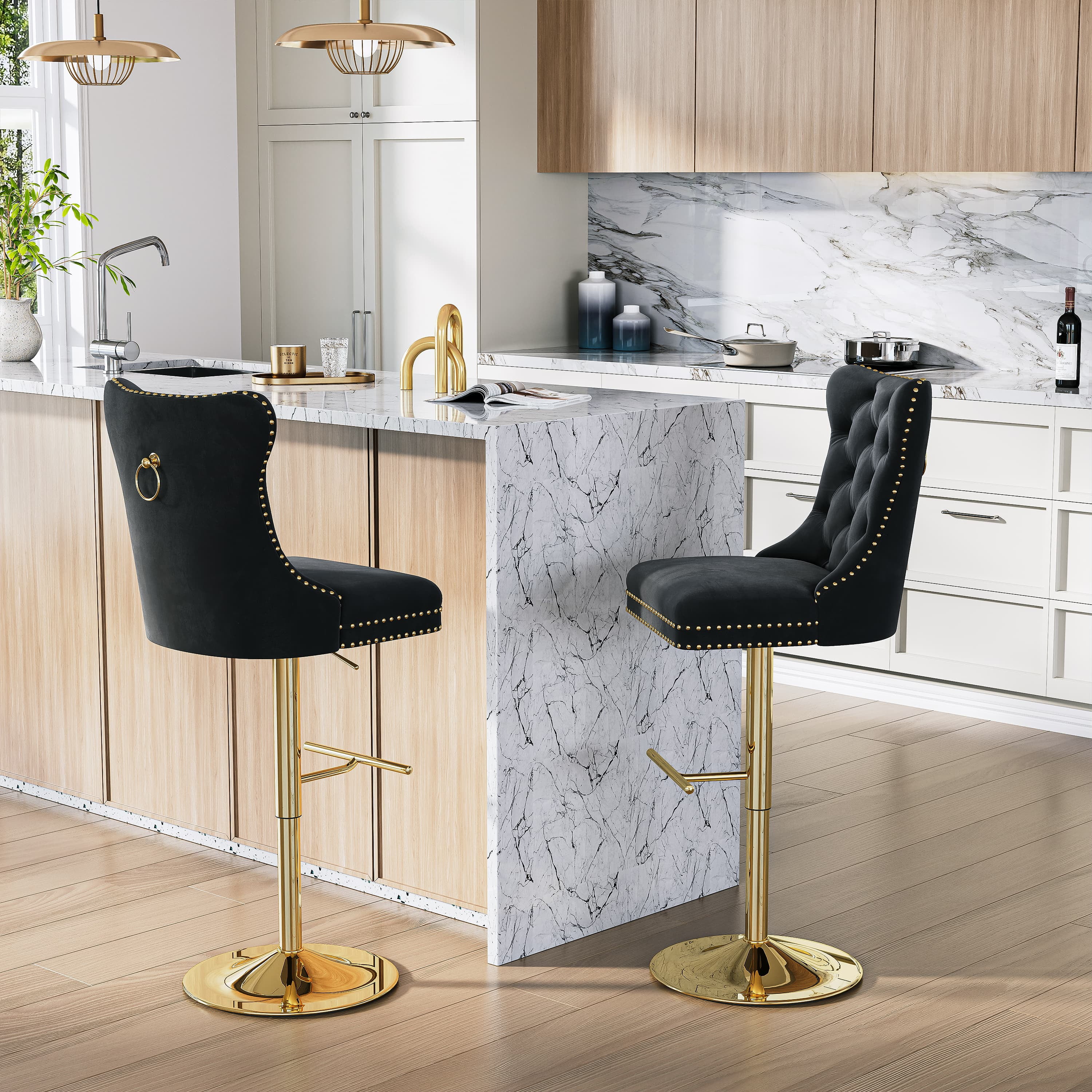 Modern Velvet Bar Stools Set of 2 Adjustable Swivel Counter Height Chairs with Upholstered Back and Nailhead Trim for Home Pub Kitchen Island