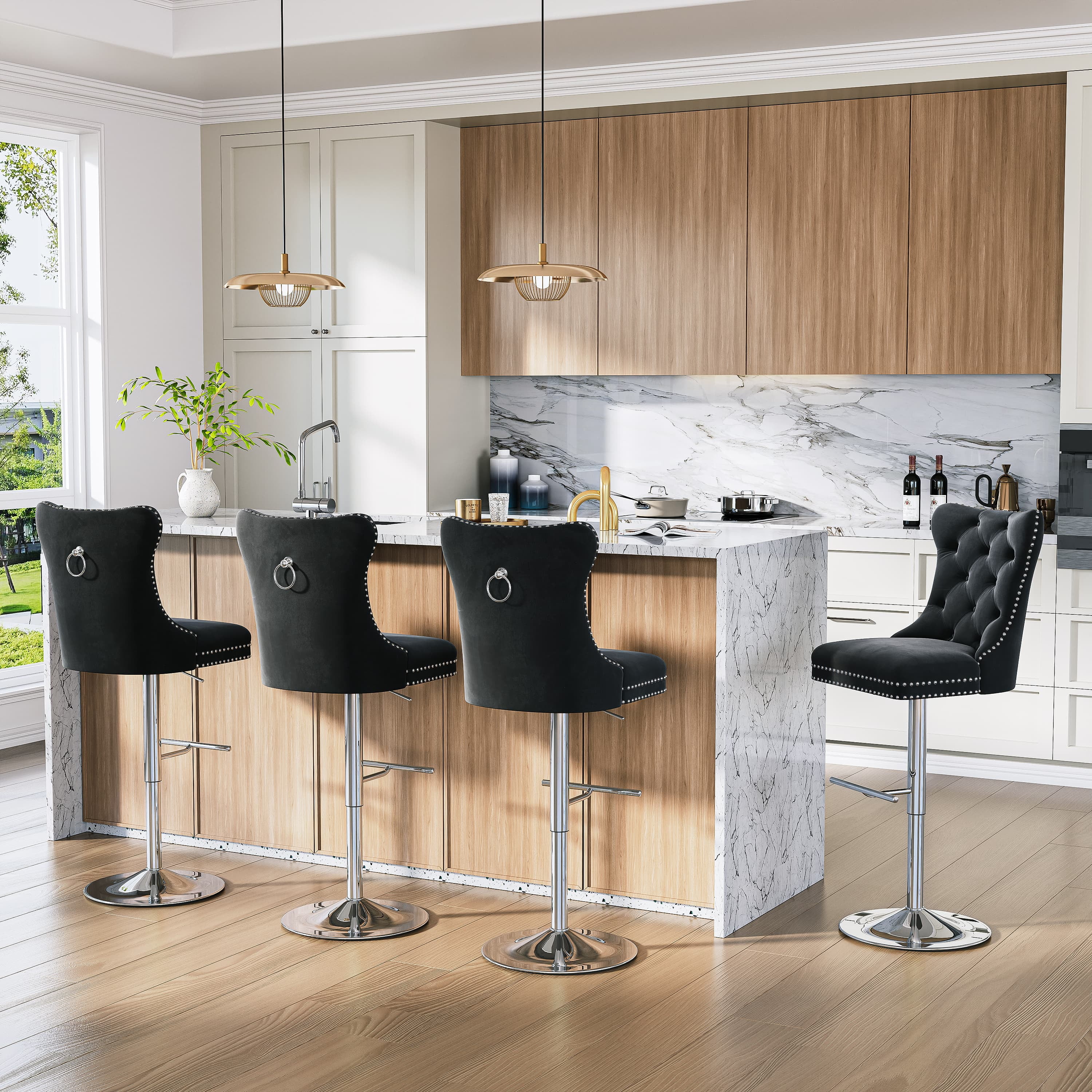 Modern Velvet Bar Stools Set of 4 Adjustable Swivel Counter Height Chairs with Upholstered Back and Nailhead Trim for Home Pub Kitchen Island