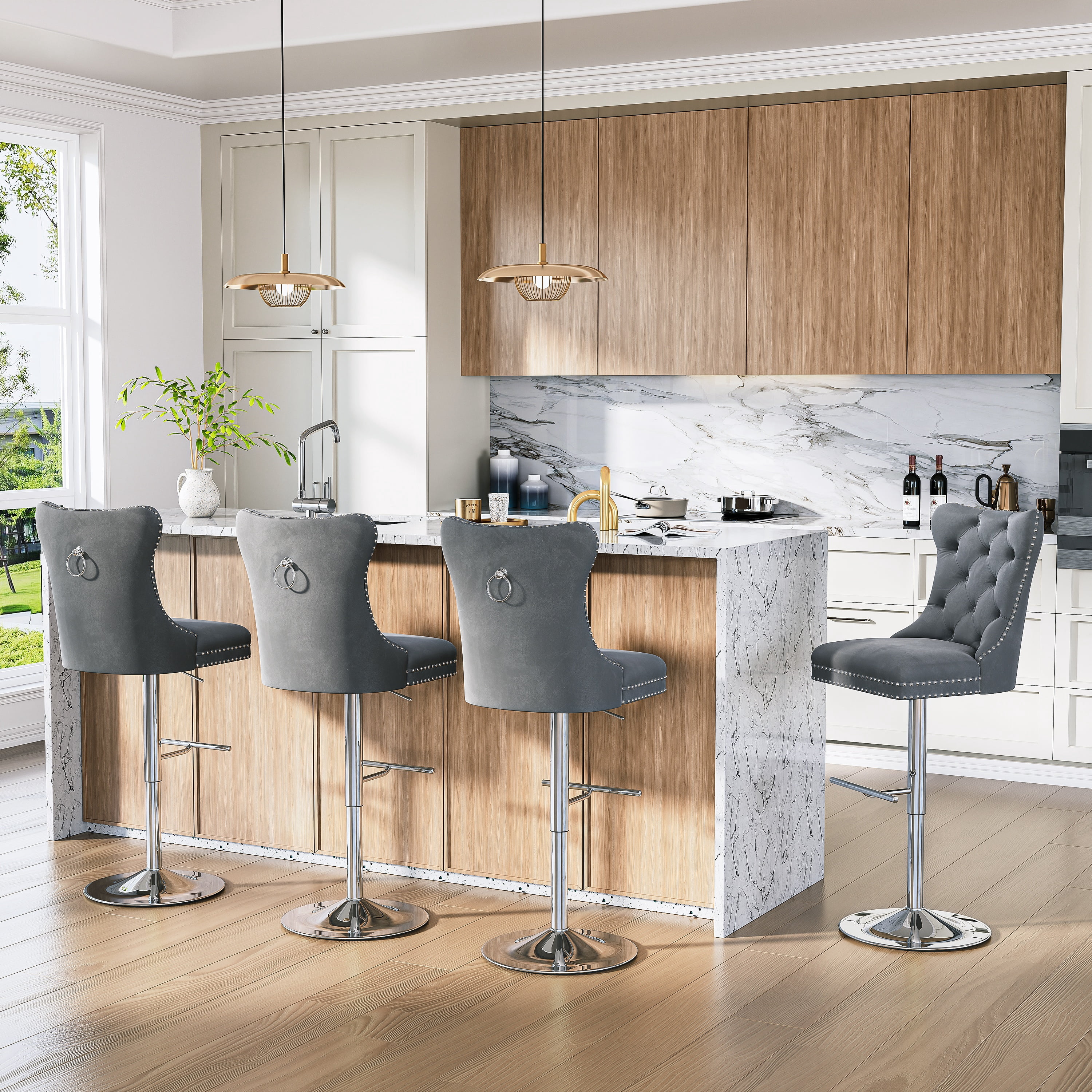 Modern Velvet Bar Stools Set of 4 Adjustable Swivel Counter Height Chairs with Upholstered Back and Nailhead Trim for Home Pub Kitchen Island