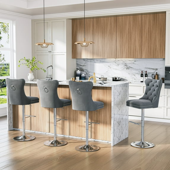 Modern Velvet Bar Stools Set of 4 Adjustable Swivel Counter Height Chairs with Upholstered Back and Nailhead Trim for Home Pub Kitchen Island
