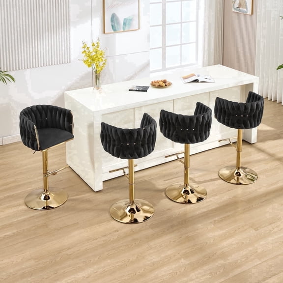 Lessmore Modern Velvet Bar Stools 360° Swivel Adjustable Height Counter Stools Set of 4, with Backrest & Footrest for Kitchen Bar Gold Base, Black