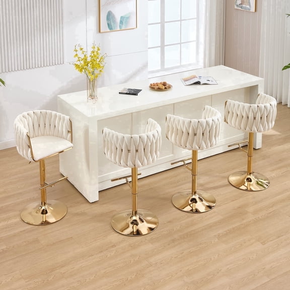 Lessmore Modern Velvet 360° Swivel Bar Stool Set of 4, Adjustable Height Counter Stools with Backrest for Kitchen Counter Bar Gold Base