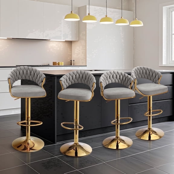 Lessmore Modern Velvet Swivel Bar Stools Set of 4 ,Adjustable Height Counter Barstools Pub Chairs with Woven Back for Kitchen Island