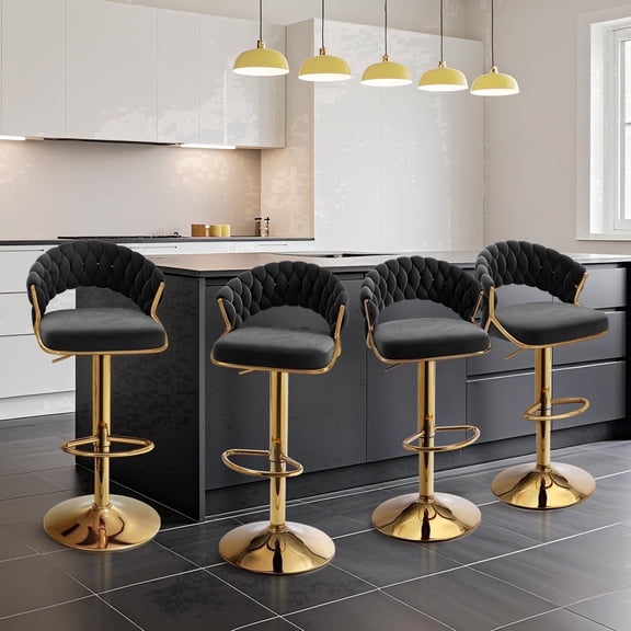 Lessmore Modern Velvet Swivel Bar Stool with Backrest - Set of 4, Adjustable Height, Gold Base