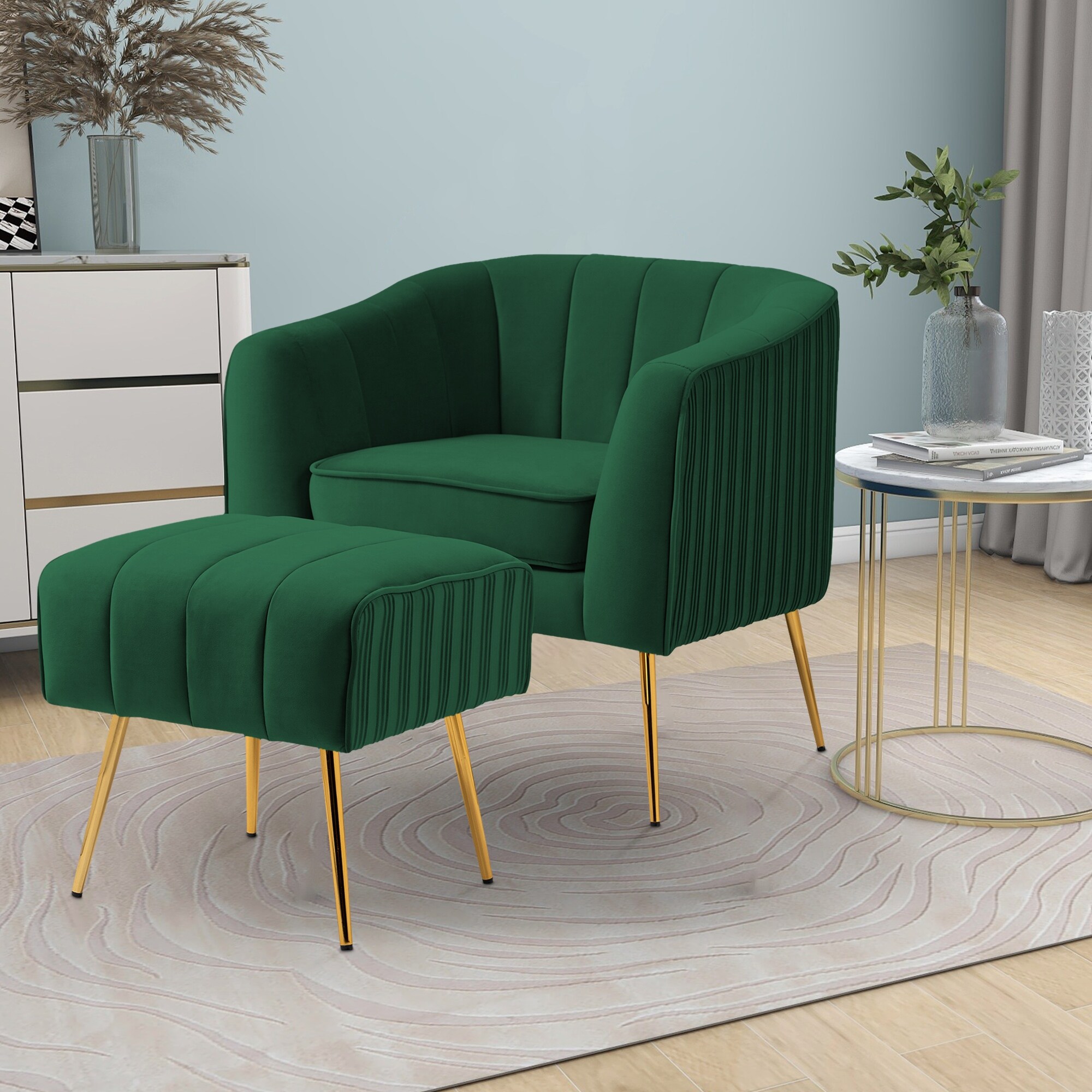 Modern Velvet Barrel Arm Accent Chair with Ottoman Green