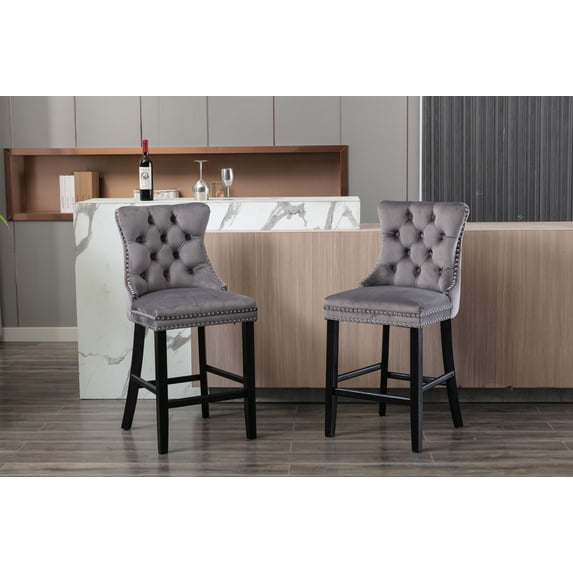 Modern Velvet Barstools Set of 2 with Button Tufted Decoration, Comfy Bar Stools with Chrome Nailhead Trim and Footrest, Counter Height Bar Stools for Bar, Kitchen, Dining Room, Home Bar, Gray