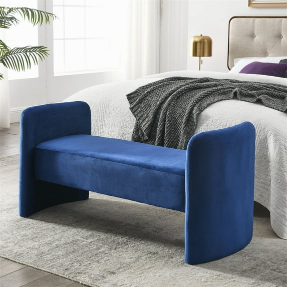 Modern Velvet Bench for Bedroom End of Bed, Contemporary Design Upholstered Ottoman Bench Seat Couch Window Sitting Fireplace Bench for Bedroom Living Room Foyer Indoor Entryway, Blue