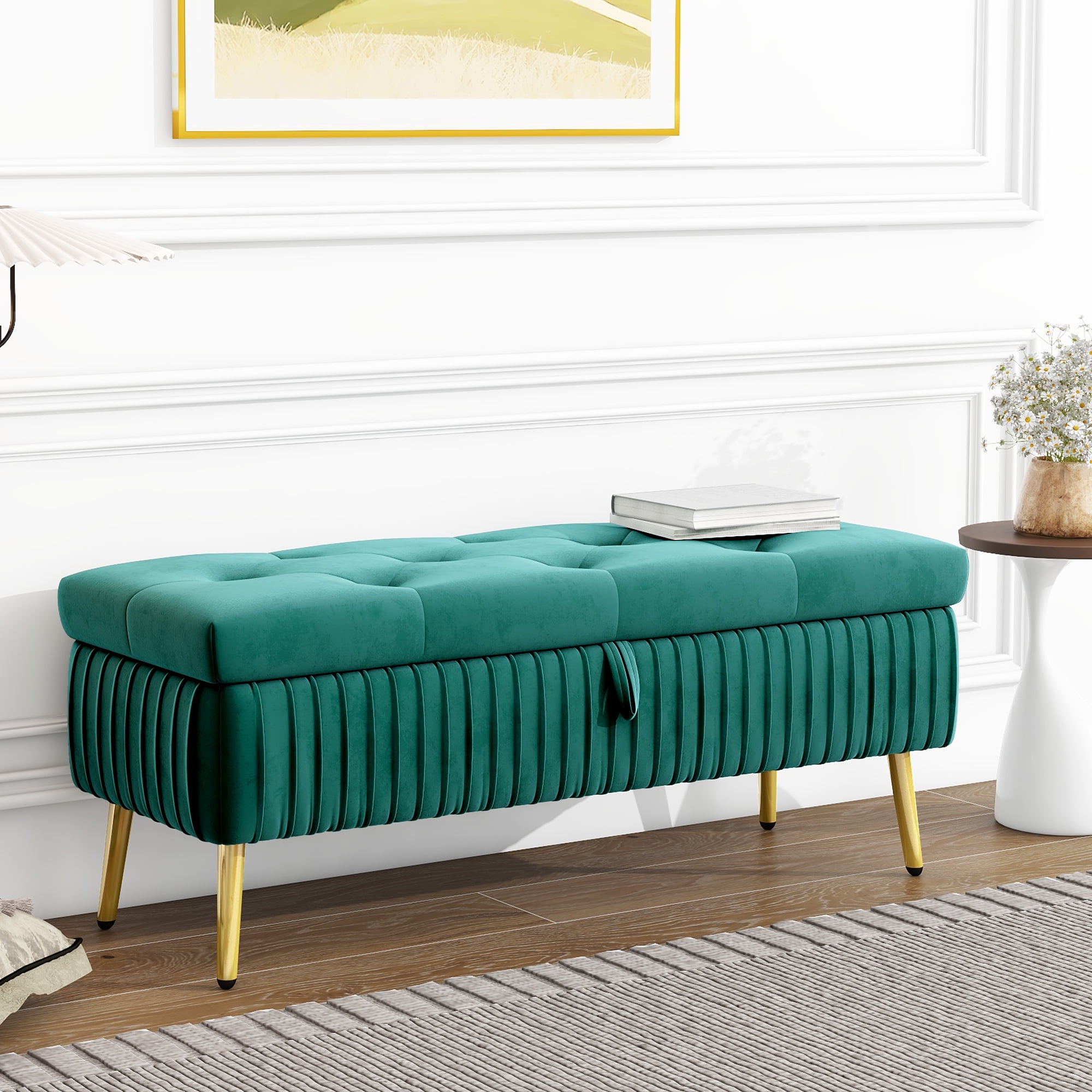 Modern Velvet Button Tufted Storage Bench, Upholstered Ottoman Footrest