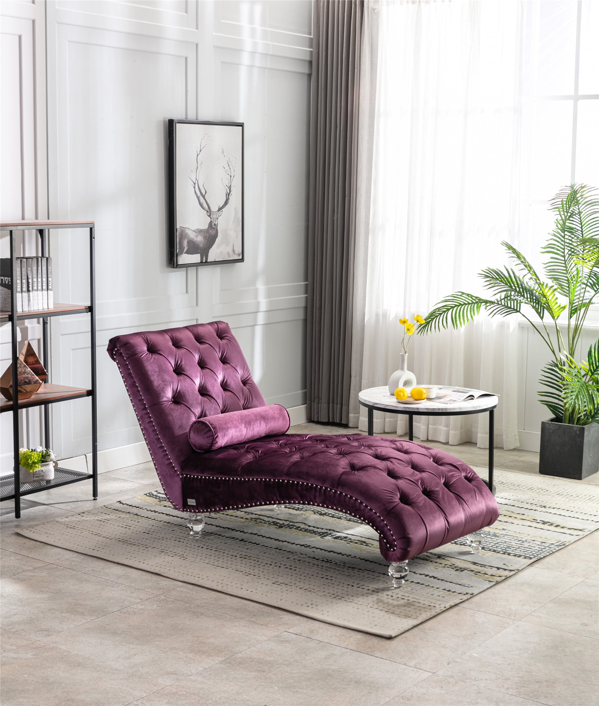 Modern Velvet Chaise Lounge Chair Leisure Sofa Accent Chair Upholstered Couch Sleeper Sofa Comfy Recliner Chair with Toss Pillow and Acrylic Legs