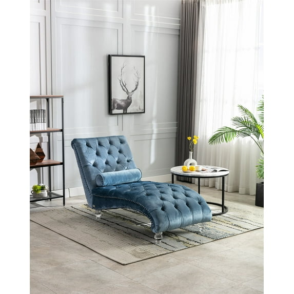 Modern Velvet Chaise Lounge Chair, Upholstered Accent Sleeper Couch with Toss Pillow and Acrylic Legs, Button Tufted Chaise Lounge Chair for Living Room, Bedroom, Light Blue