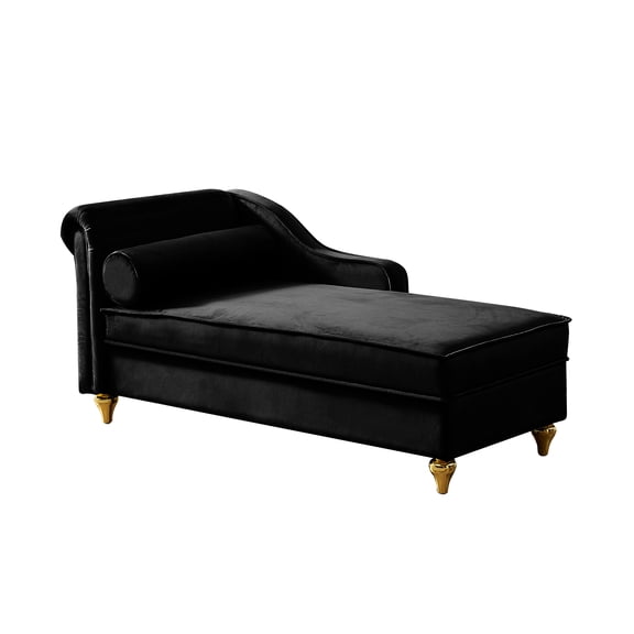 Modern Velvet Chaise Lounge With Hidden Storage, Upholstered Chair With Armrest Pillow and Gold Metal Legs For Living Room Bedroom Apartment