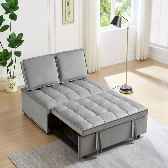 Modern Velvet Convertible Sleeping Sofa Bed, Grey, Detachable Backs, Multifunctional Pull-Out Design, for Living Room & Bedroom