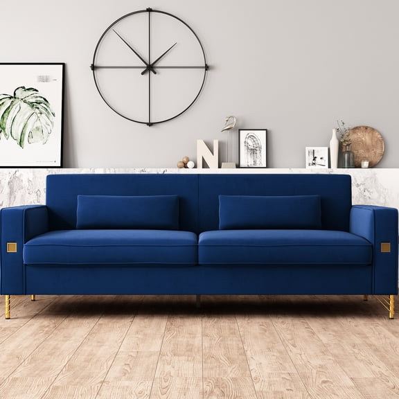 Modern Velvet Couch With Gold Accents - 3 Cushions For Living Room & Office, Superior Comfort Area Retro Blue High Feet Facilitates Cleaning Under