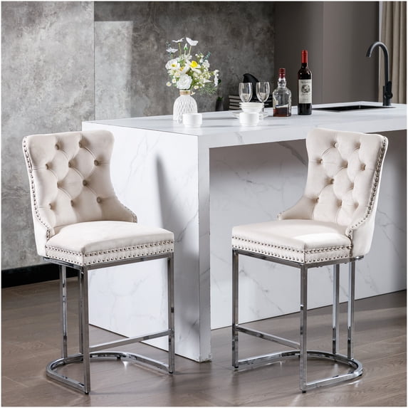 Modern Velvet Counter Stools Set of 2, 26 Inch Upholstered Bar Height Chairs with Tufted Button Back and Chrome Metal Legs for Kitchen Island, Beige