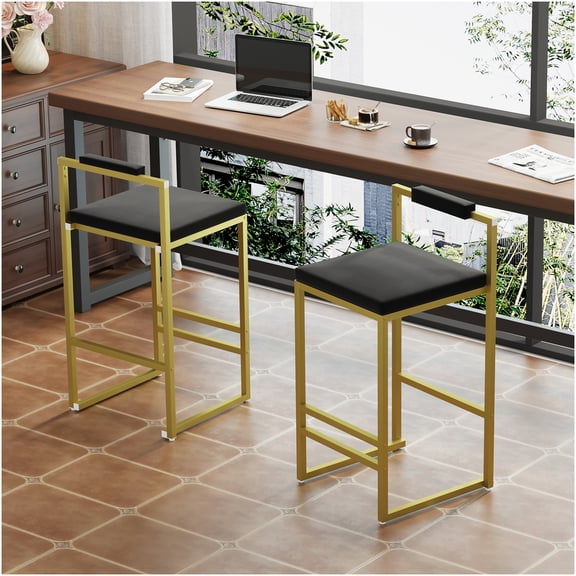 Modern Velvet Counter Stools Set of 2, Low Back Bar Stools with Gold Metal Frame for Kitchen Island, Dining & Home Bar