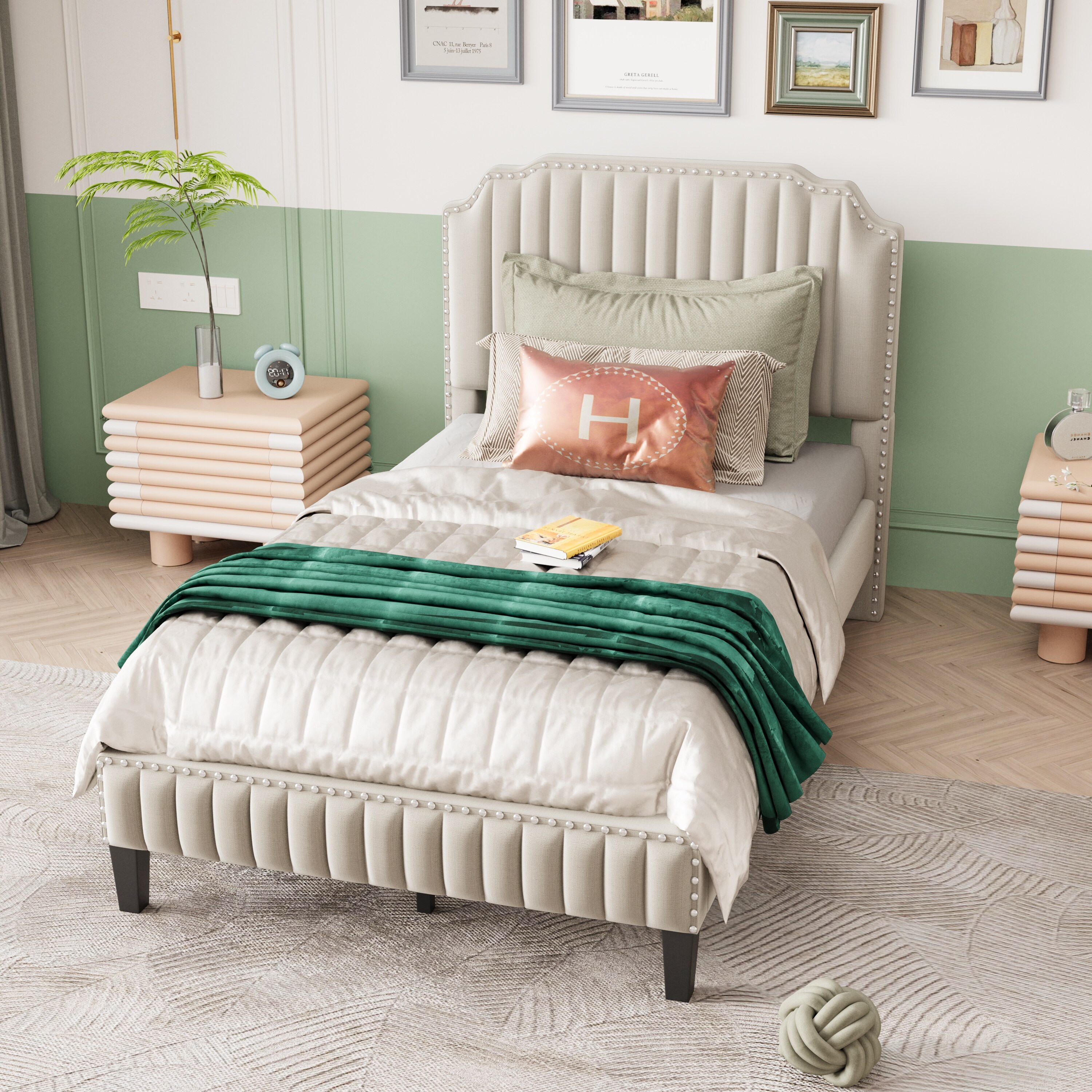 Modern Velvet Curved Upholstered Platform Bed Full/Beige