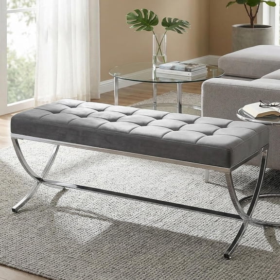 Modern Velvet Dining Bench, Button Tufted Ottoman Bench with X-Shape Chrome Finish Upholstered End of Bed Bench Comfy Entryway Bench for Bedroom Kitchen, Grey