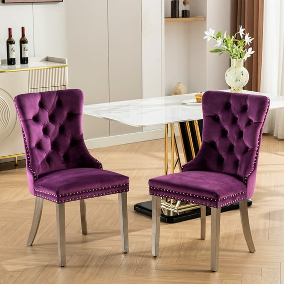 Modern Velvet Dining Chair , 2 - Purple With Stainless Steel Chromed Legs And Fine Ornamental Details High Upholstered Of Plating Nailhead Trim