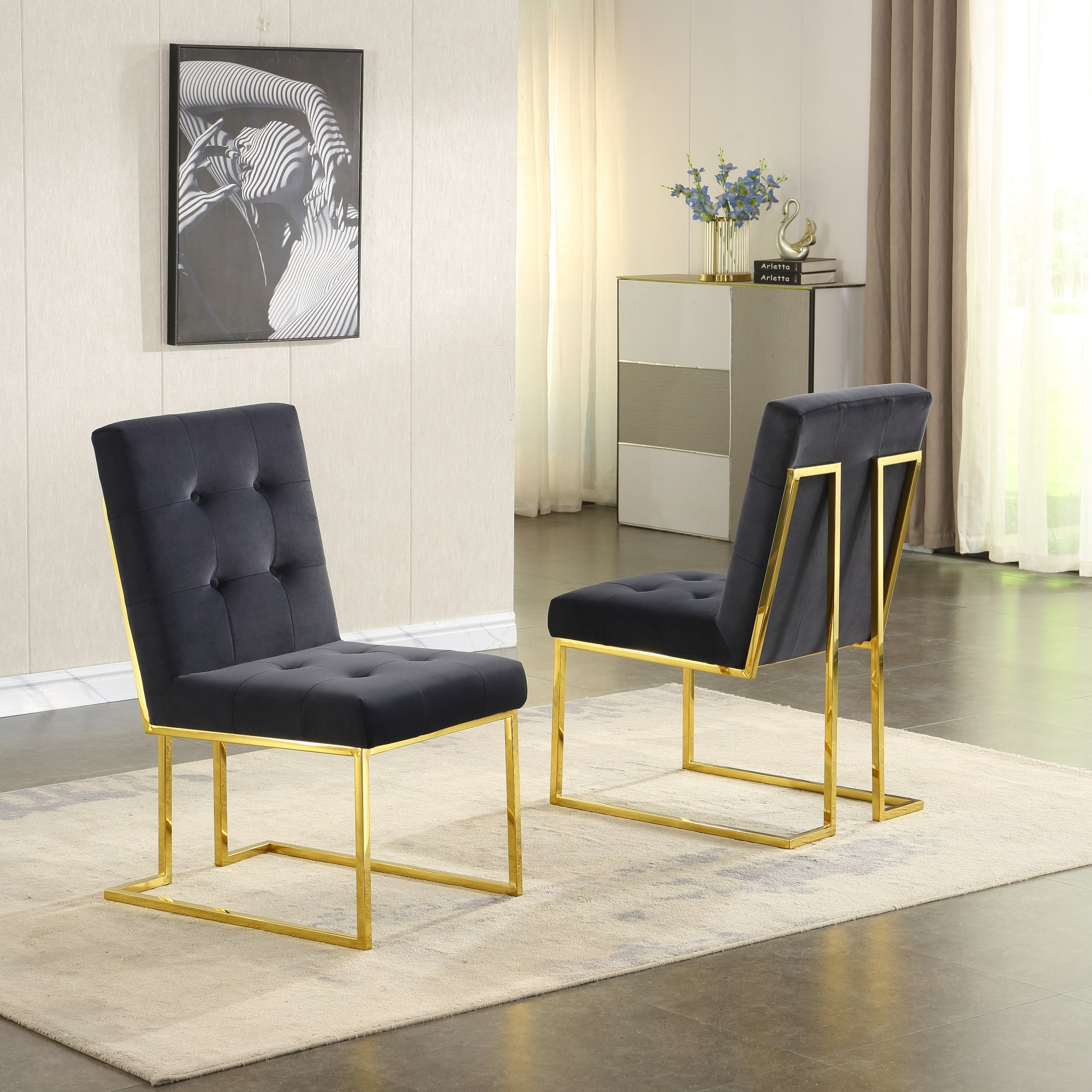 Modern Velvet Dining Chair Set of 2, Tufted Design and Gold Finish ...