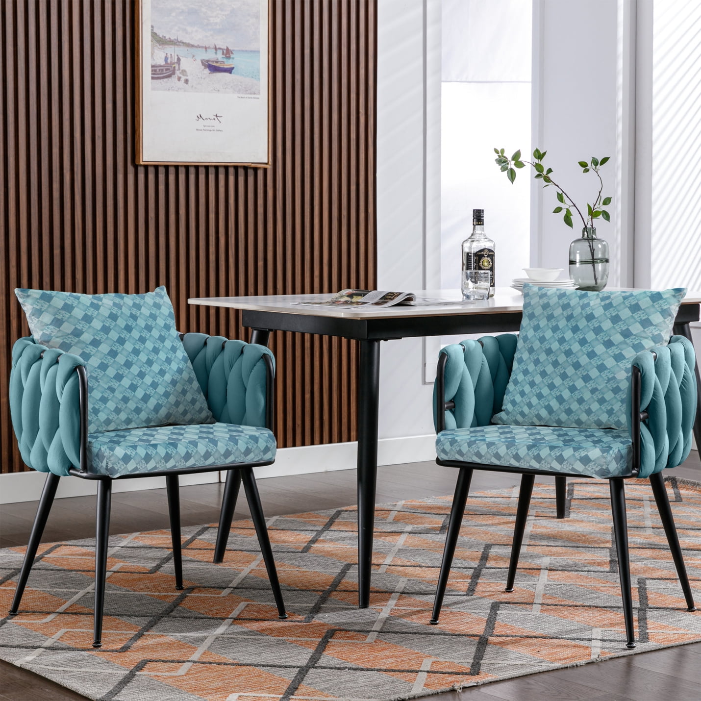 Modern Velvet Dining Chairs Set of 2,Accent Chair with Woven Back and ...