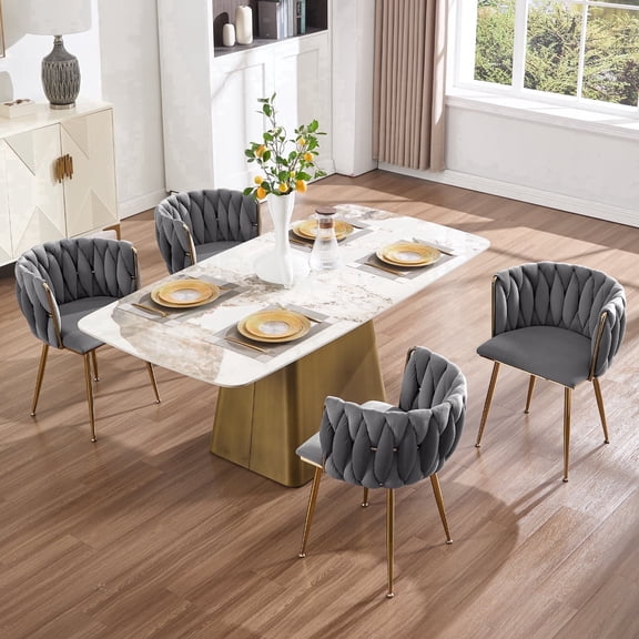 Lessmore Modern Velvet Dining Chair with Woven Backrest Upholstered Seat - Set of 2, for Kitchen Dining Room Living Room Bedroom Gold Legs, Gray