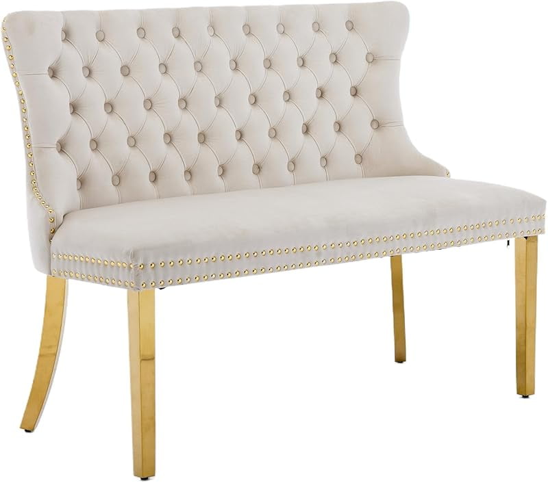 Modern Velvet Double Dining Loveseat Bench, 2 - Seat Tufted Wingback Bench with Handmade Buttons, Gold - Plated Steel Legs, Upholstered Armless Dining & Living Room Seating