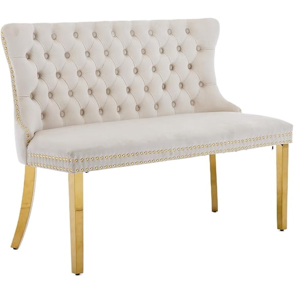 Modern Velvet Double Dining Loveseat Bench, 2 - Seat Tufted Wingback Bench with Handmade Buttons, Gold - Plated Steel Legs, Upholstered Armless Dining & Living Room Seating