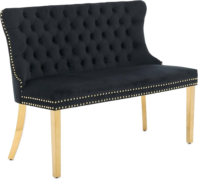 Modern Velvet Double Dining Loveseat Bench, 2 - Seat Tufted Wingback Bench with Handmade Buttons, Gold - Plated Steel Legs, Upholstered Armless Dining & Living Room Seating