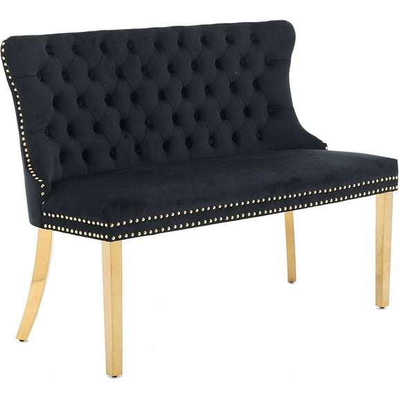 Modern Velvet Double Dining Loveseat Bench, 2 - Seat Tufted Wingback Bench with Handmade Buttons, Gold - Plated Steel Legs, Upholstered Armless Dining & Living Room Seating