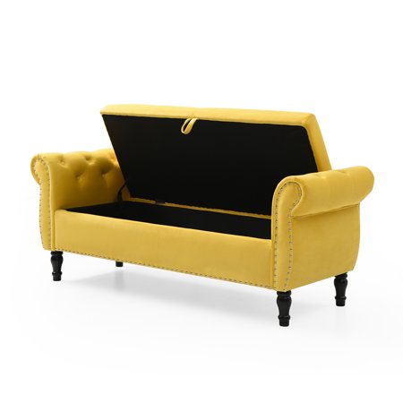 Modern Velvet End of Bed Storage Bench with Rolled Arms, Flip Top Upholstered Storage Ottoman Nailhead Trimmed Sofa Stool with Solid Wood Legs for Bedroom Living Room