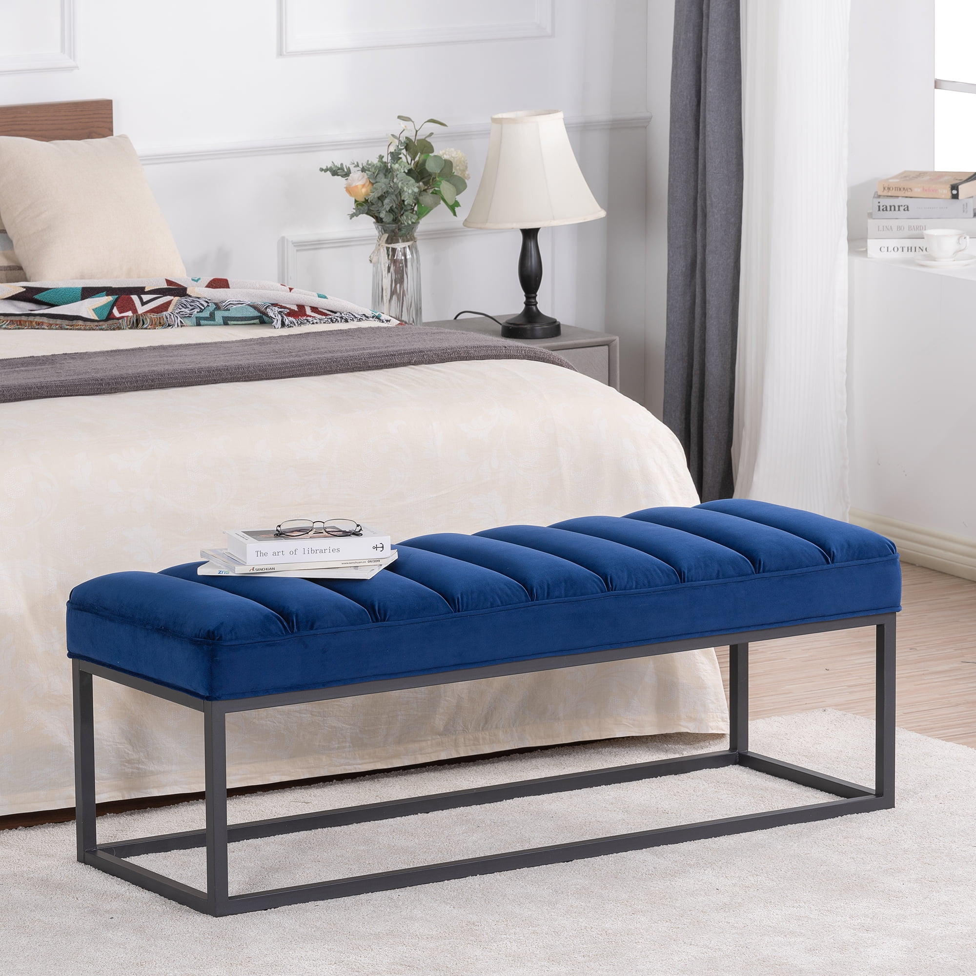 Modern Velvet End of Bed Bench, Upholstered Ottoman Bench with Metal ...