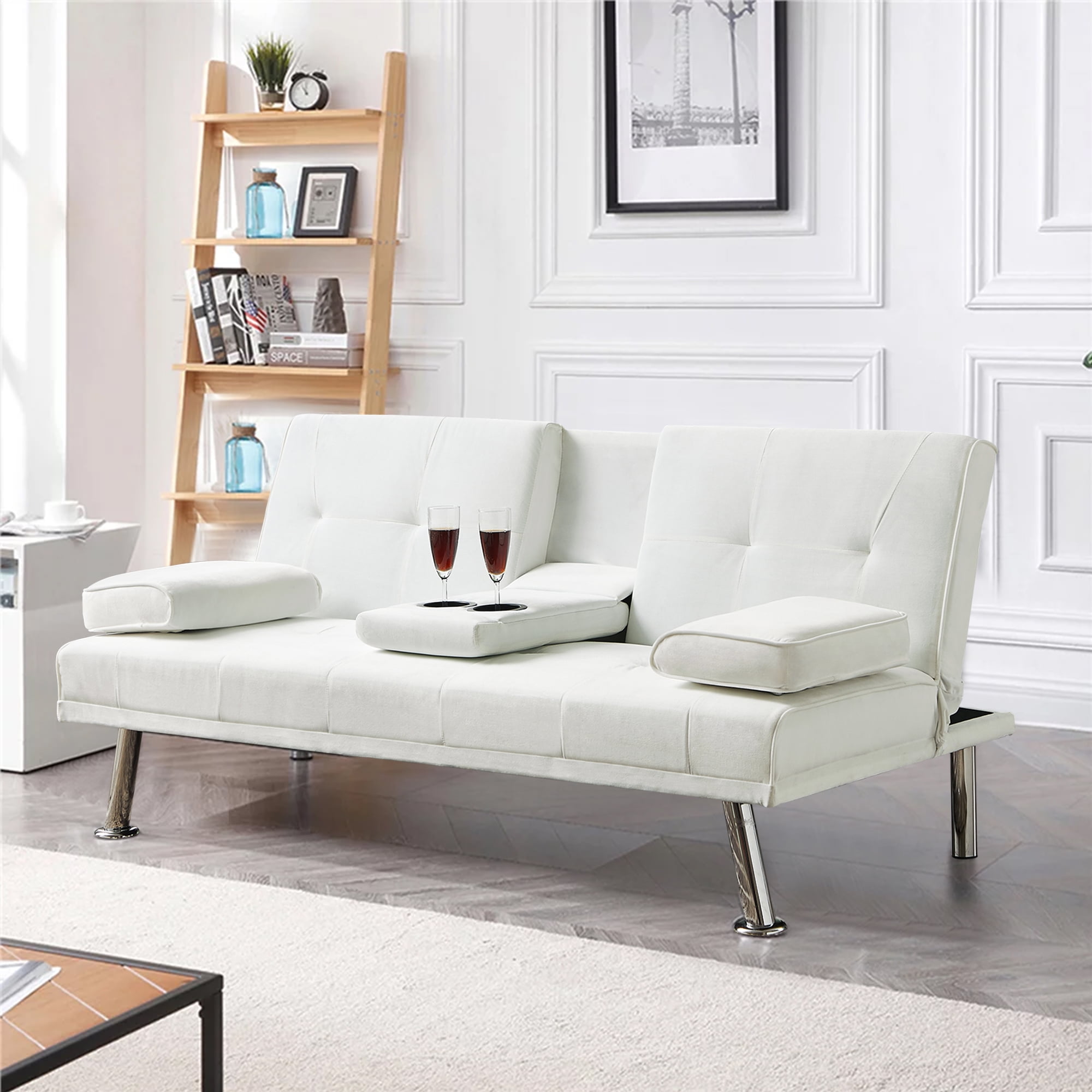 Modern Velvet Fabric Futon with Cupholders and Pillows Beige
