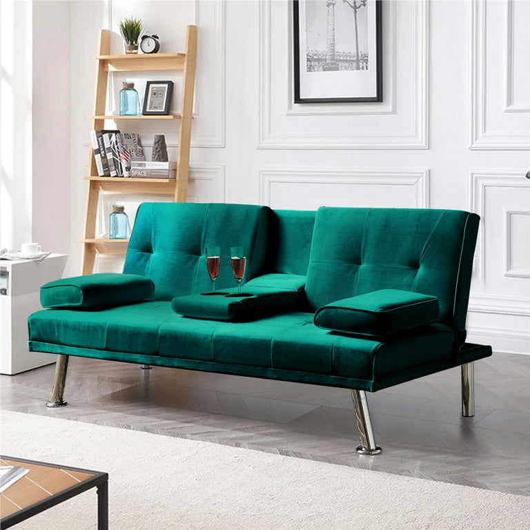 Modern Velvet Fabric Futon with Cupholders and Pillows Green