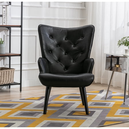 Modern Velvet Fabric/ PU/ Teddy Fabric Accent Chair Single Sofa Comfy Upholstered Arm Chair Living Room Furniture with Wood Legs for Bedroom Office(Black PU)