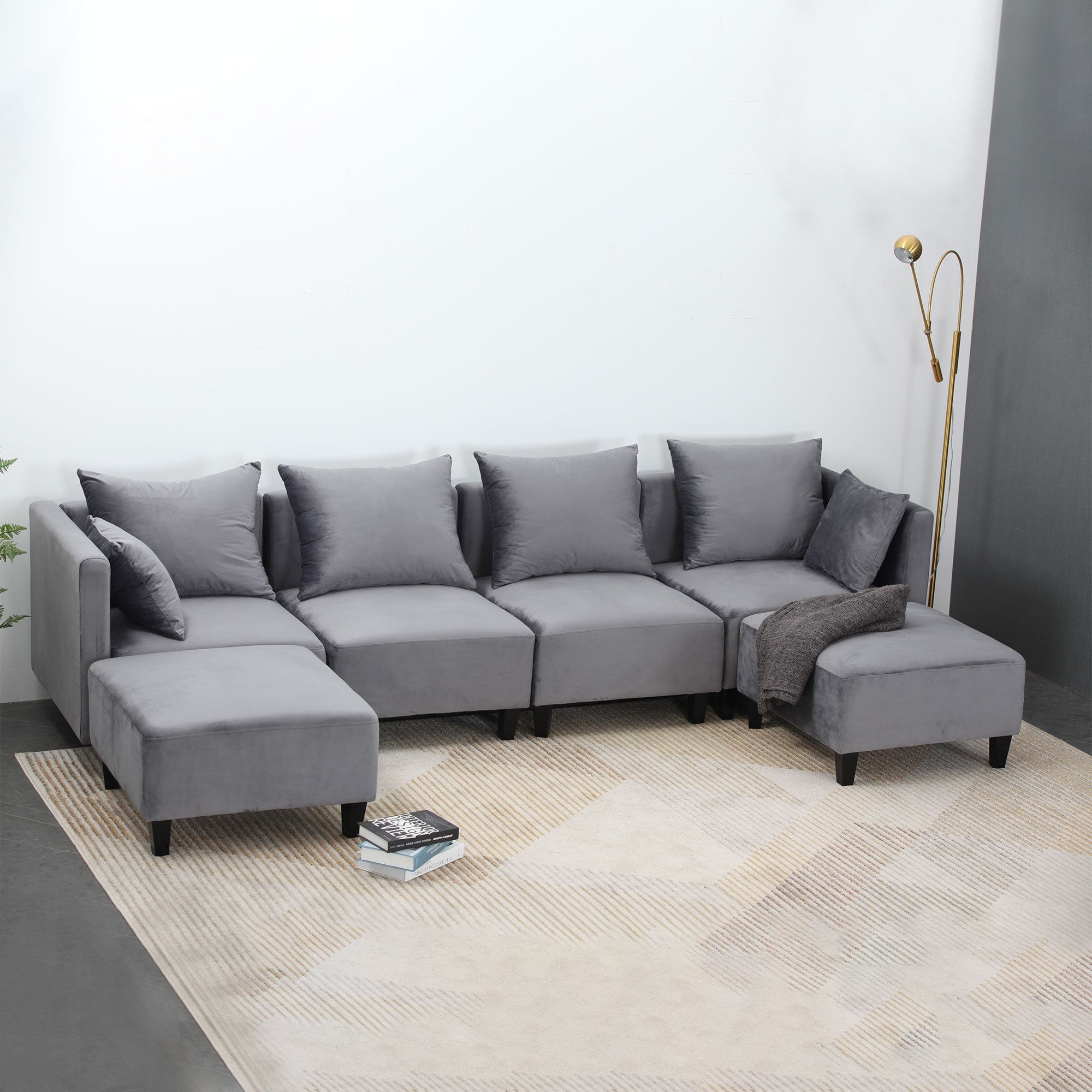 Modern Velvet Fabric Ushaped Sectional Sofa Grey
