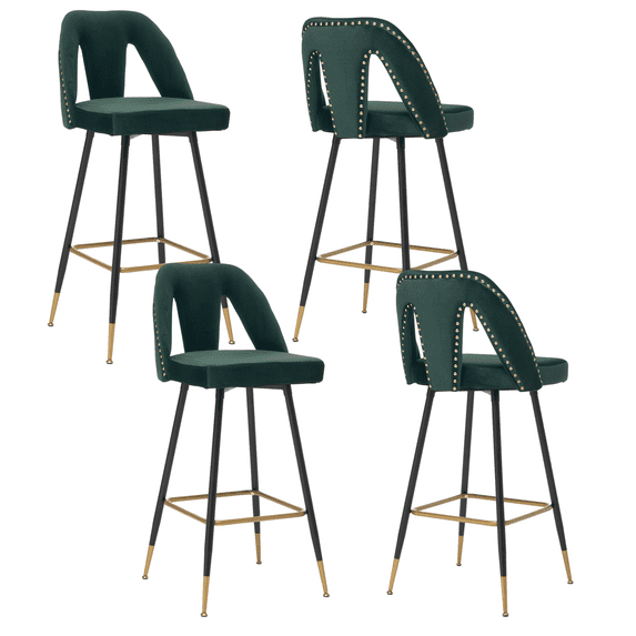 Modern Velvet Fabric Upholstered Bar Stools, Barstools with Backs and Metal Legs, 29.5" H Bar Stools with Nailheads and Gold Tipped Black for Kitchen Counter (Set of 4)