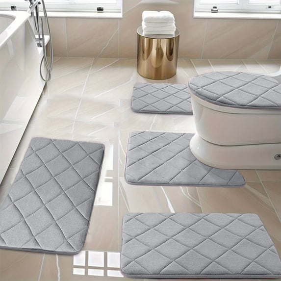 Modern Velvet Fleece Foam Bath Mat Set - Non-Slip Latex Backing, Water Absorbent, Machine Washable, Gray, 5-Piece for Bathroom Comfort
