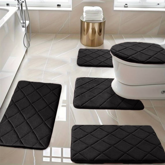 Modern Velvet Foam Bath Mat Set - Non-Slip Latex Backing, Water Absorbent, Machine Washable, Black, 5-Piece Set for Bathroom, 16x24in, 16x20in, 15x17in - Perfect for Home, Kids, and Elderly Safety