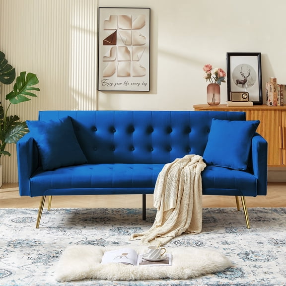 Modern Velvet Futon Sofa Bed,Convertible Sleeper Sofa Couch with 3 Adjustable Couch Loveseat with Metal Leg for Living Room and Bedroom,Blue