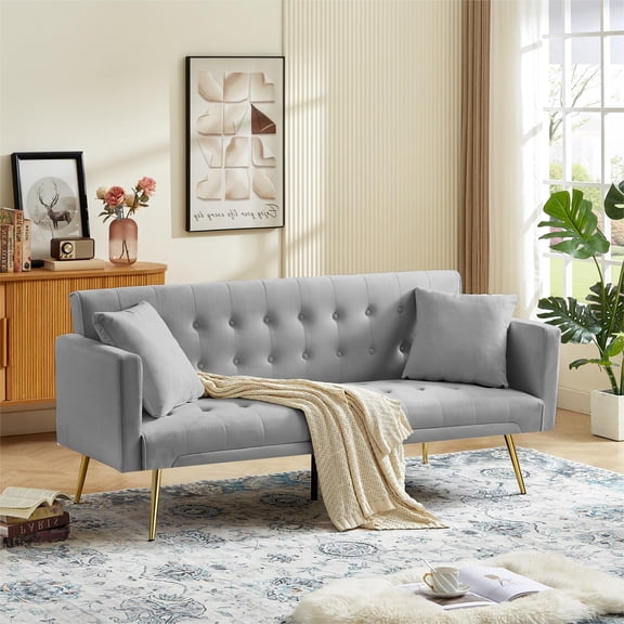 Modern Velvet Futon Sofa Bed,Convertible Sleeper Sofa Couch with 3 Adjustable Couch Loveseat with Metal Leg for Living Room and Bedroom,Gray