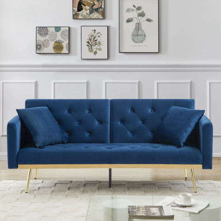 Modern Velvet Futon Sofa Bed with 2 Pillows Convertible Sleeper Sofa with Gold Legs Small Splitback Sofa for Living Room Blue