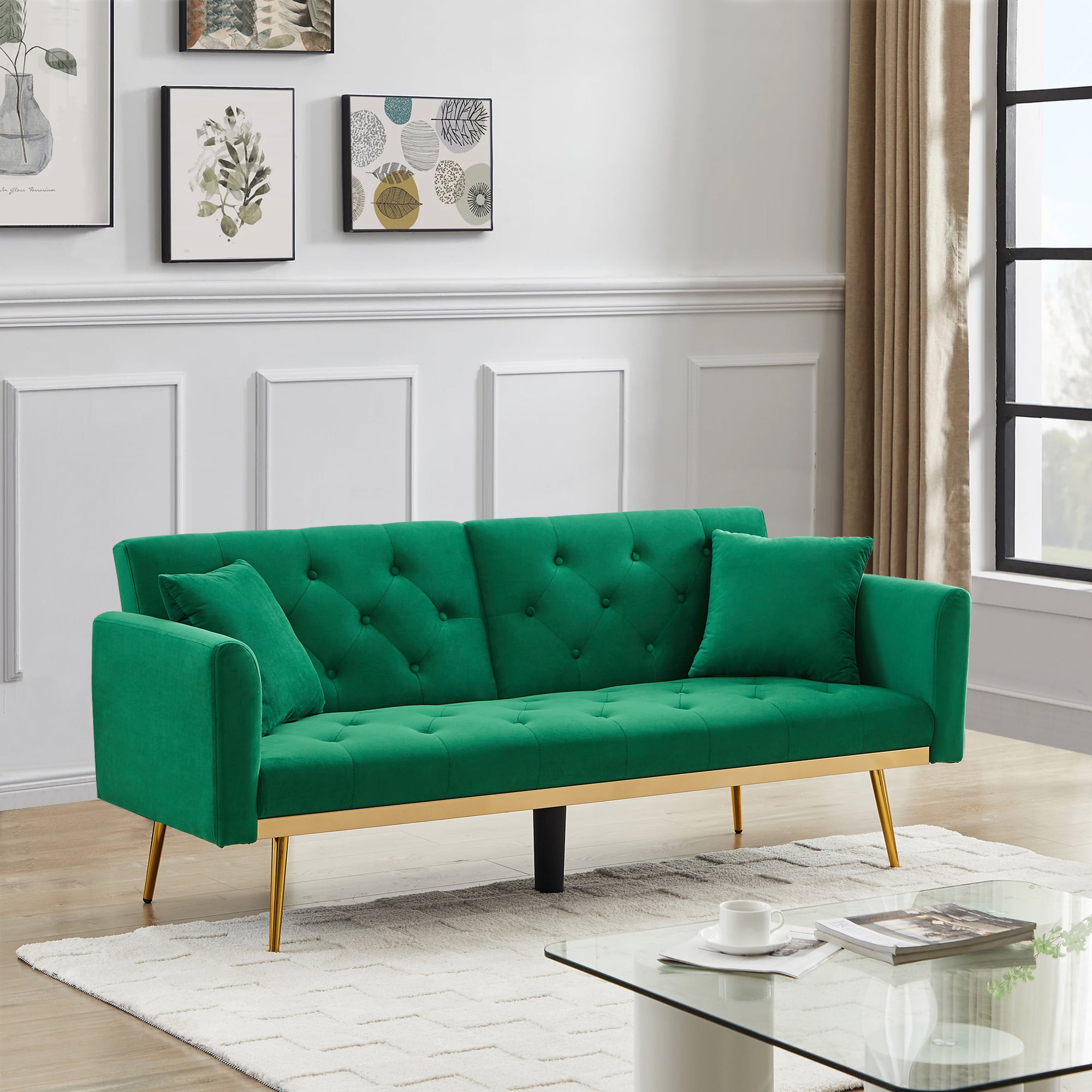 Modern Velvet Futon Sofa Bed with 2 Pillows, Convertible Sleeper Sofa