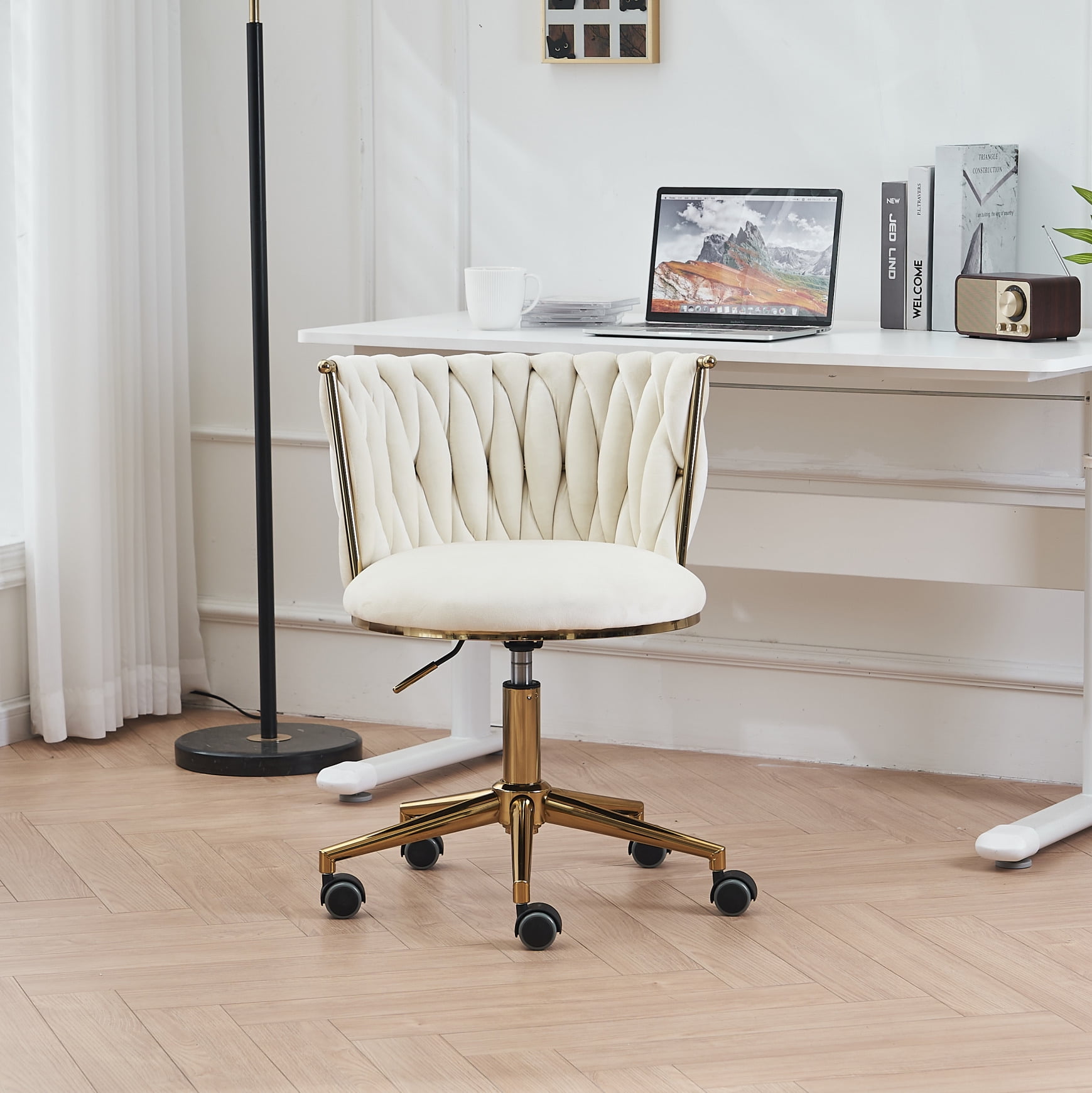 Modern Velvet Home Office Chair, Upholstered Cute Ergonomic Desk Chair with Woven Tufted Back ...