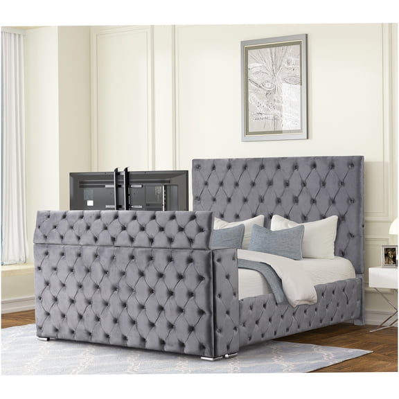 Modern Velvet King Bed with Fireplace & Hidden TV Storage, Gray Upholstered Platform Bed Frame