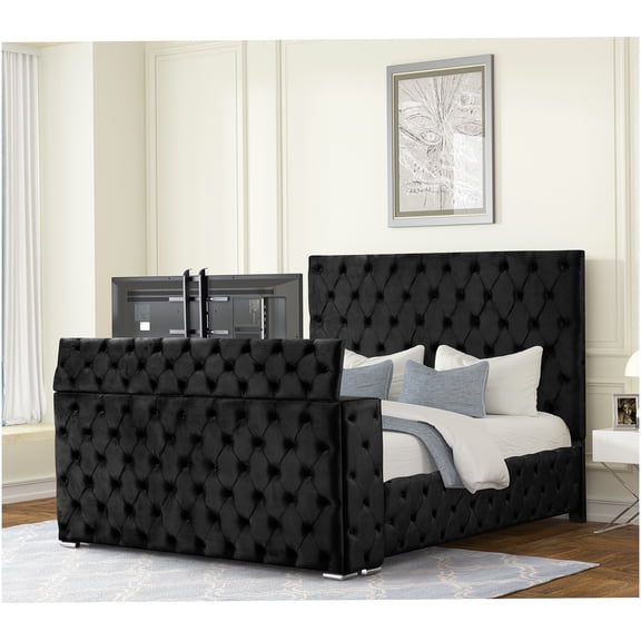 Modern Velvet King Bed with Electric Fireplace & Hidden TV Storage